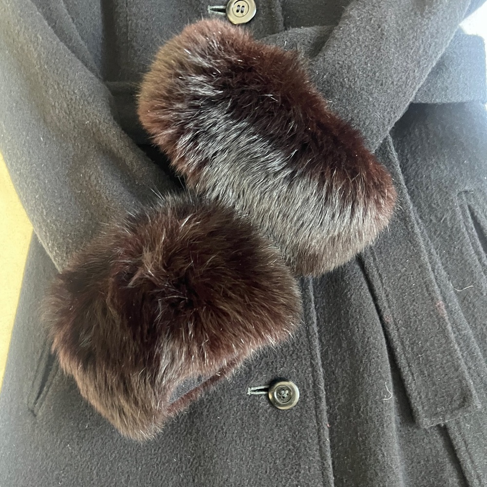 Pierre Cardin Vintage 70s Fox Fur Wool Melton Fit Flare Belted Luxe Winter Coat - Picture 4 of 15